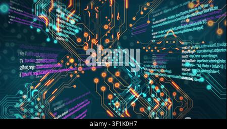 Camera moving forward, luminous circuit network pulsing and revealing floating code for tech demo Stock Photo
