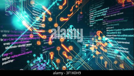 Camera moving forward, luminous circuit network pulsing and revealing floating code for tech demo Stock Photo