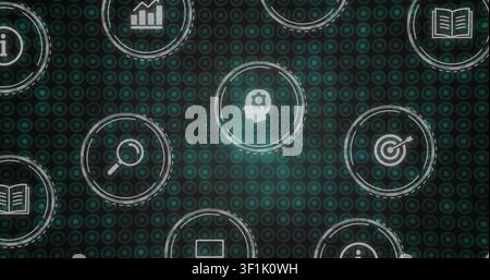 Circular icons forming grid pulsing drifting teal glow sweeping showing search and data for tech Stock Photo