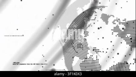 Play initiating halftone globe rotating inward, emitting data points and highlighting code for tech Stock Photo