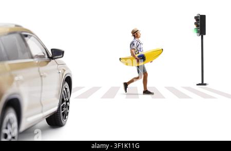 Man carrying a banana float at a zebra crossing isolated on white background Stock Photo