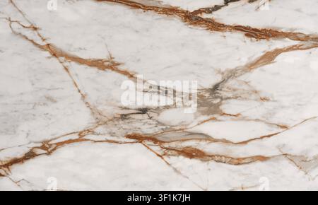 A full-frame abstract background of a luxurious white marble stone featuring dynamic reddish-brown rust and dark grey veins. Stock Photo