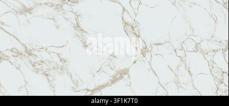 A luxury white marble slab featuring prominent and dramatic golden-brown veins. Stock Photo