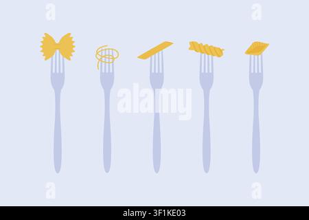 Pastel Blue Forks Holding Various Golden Italian Pasta Shapes Flat Set Stock Vector