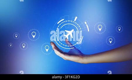 Travel booking process using digital tools to plan trips with symbols of airplane and location markers shown clearly Stock Photo