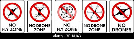 Collection of no drone zone and no fly zone warning signs with different quadcopter designs in vector style. Suitable for airports, restricted areas, Stock Vector
