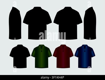 Premium Men's Polo Shirt Technical Flat Vector Mockup Template with All Side Views, Multiple Color, Editable Apparel Design Stock Vector