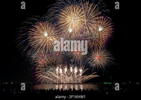 Explosive gold and purple fireworks illuminate the night sky reflecting over a calm body of water with a crowd gathered on the shore. Stock Photo