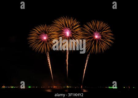 Long exposure of synchronized colorful firework explosions against a deep black night sky for holiday event marketing and celebratory concepts. Stock Photo
