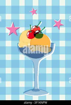 Stylized vector illustration of fruit dessert in glass bowl with stars and checkered pattern. Stock Vector