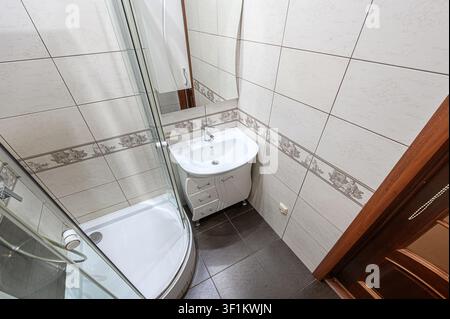 well-lit bathroom features a shower, sink with storage, tiled walls, and a dark tiled floor Stock Photo