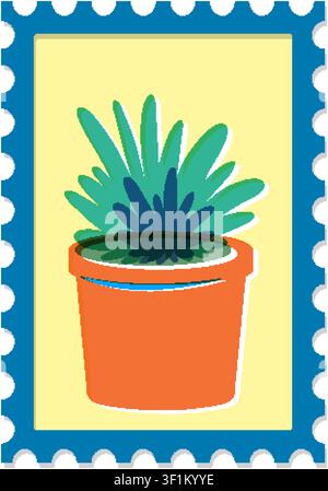 Stylized vector botanical print of a green plant in a terracotta pot on a stamp. Stock Vector