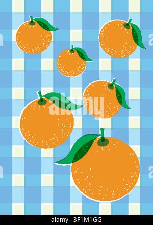 Retro risograph style illustration of whole oranges with leaves on blue grid pattern background. Stock Vector