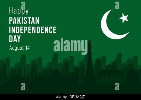 Happy Pakistan Independence Day Horizontal Banner with City Skyline Stock Vector