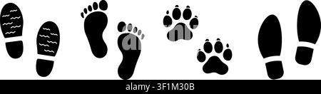 Collection of human footprints, shoe prints and animal paw print icons presented in a clean editable vector style. Suitable for tracking, hiking, wild Stock Vector