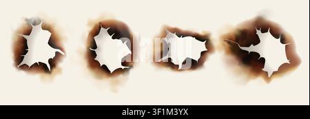 Burnt paper sheet with fire hole in center, black scorched border, torn page texture, realistic old effect isolated on white. Stock Vector