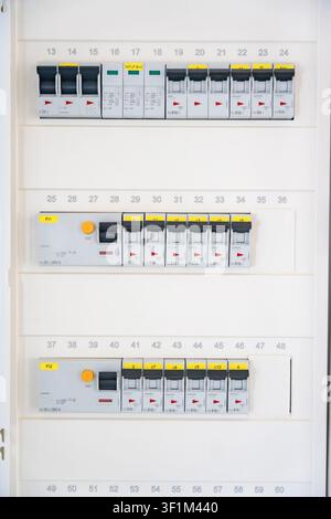 Residential electrical distribution board with circuit breakers and protection devices installed in a consumer unit. Electrical safety and power Stock Photo