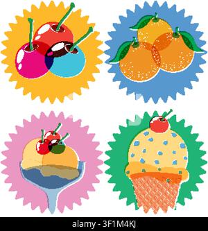 Four stylized food icons with overlapping colors on starburst backgrounds in a vintage print style. Stock Vector