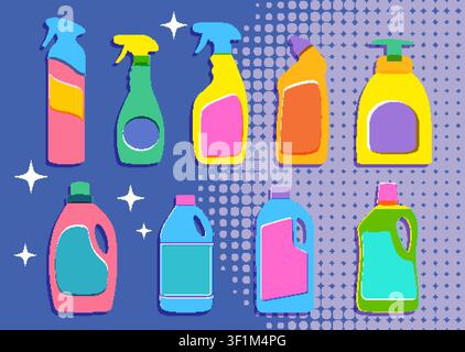 Colorful flat vector icons of detergent, spray bottles, and soap in risograph print style. Stock Vector