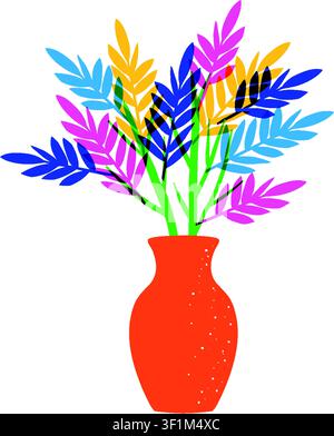 Vibrant risograph botanical illustration with colorful pink and blue leaves in an orange vase. Stock Vector