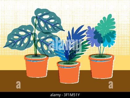 Stylized botanical print with three potted tropical plants using risograph textures and halftone backgrounds. Stock Vector