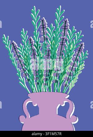 Vintage botanical print of lavender sprigs in a purple ceramic vase on blue background. Stock Vector