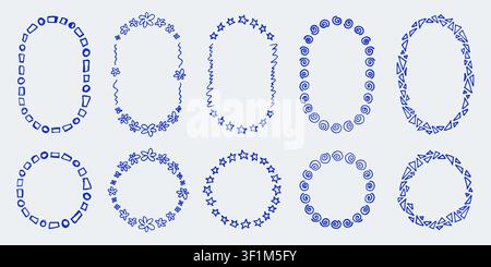 Funny doodle round frames set. Blue hand drawn oval and circle borders collection Stock Vector