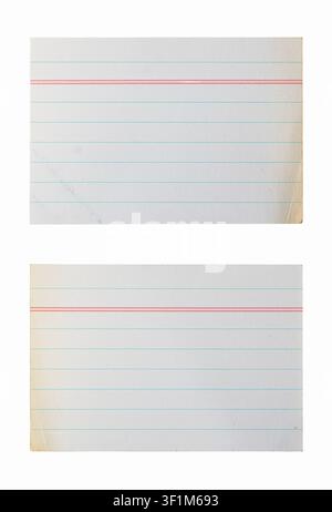 Close up of the front and back of a blank vintage lined index card isolated on white background. Old paper mockup set with blue lines and red headers. Stock Photo