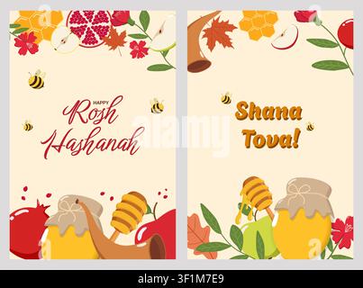 Two festive Rosh Hashanah greeting cards with bees, honey, apples, pomegranates, shofar, and flowers Stock Vector