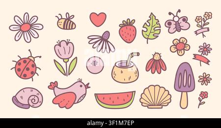 Summer with Tropical Fruit and Beach Doodles Elements. Cute Colored Clipart, Bird, Butterfly, Bee, Ladybug and Seashells, Ice Cream, Flowers and Water Stock Vector