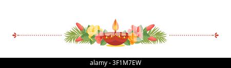 Diwali horizontal divider vector border. Clay diya oil lamp with flame, decorated with yellow roses, hibiscus flowers, green leaves and dotted line element on white background. Stock Vector