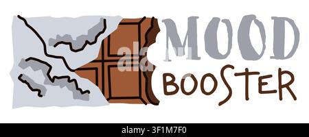 Chocolate bar in silver foil wrap hand drawn vector illustration and mood booster lettering Stock Vector