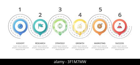 Modern flat design 6-Step Business Roadmap Winding Road Timeline Infographic Flat Design. Stock Vector