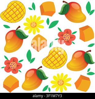 Colorful vector illustration of whole mangoes, fruit cubes, and flowers on a white background. Stock Vector