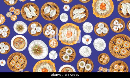 Top view vector illustration of various dim sum dishes in bamboo steamers on blue background. Stock Vector