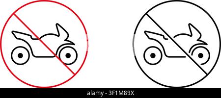No Motorcycles Allowed Line Icon Set. Prohibition And Traffic Regulation Outline Symbol Collection. Road Safety And Restriction Signage. Editable Stock Vector