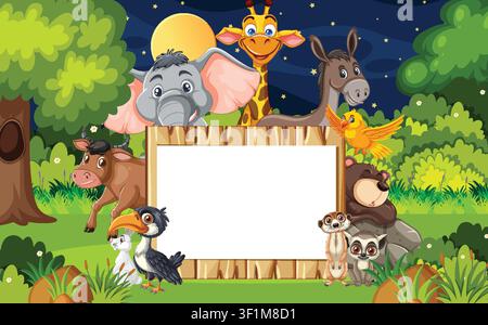 Colorful cartoon jungle animals surround blank wooden sign under moonlit night sky, vector style Stock Vector