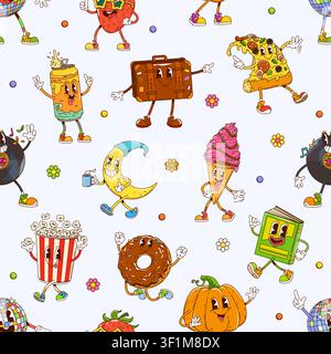 Cartoon funny groovy characters seamless pattern Stock Vector