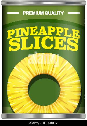 Flat vector illustration of a tin can containing pineapple slices with green product packaging. Stock Vector