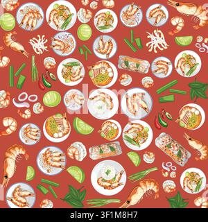 Flat vector illustration of various shrimp meals, lime, and herbs on a red background. Stock Vector
