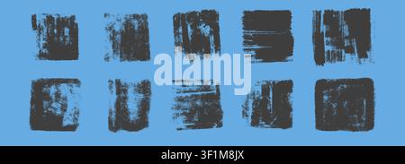 Linocut print with grunge ink texture and rough roller marks creates an authentic printmaking frame. Set vintage rectangle borders. Wide stripes rough textures. Vector illustration Stock Vector
