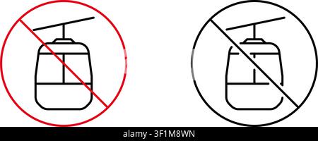 Cable Car Prohibition Line Icon Set. No Cable Car Access, Restricted Area, And Safety Warning Outline Symbol Collection. Transportation Restriction Stock Vector