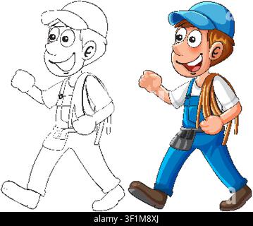 Smiling cartoon worker in blue overalls walking, holding backpack, colored and outline vector style Stock Vector