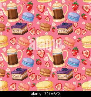 Seamless vector illustration of coffee pots, layered cakes, macarons, and strawberries on pink background. Stock Vector