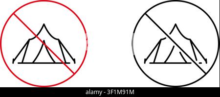 No Camping Prohibited Line Icon Set. Outdoor Restriction, Environmental Protection, And Park Regulation Outline Symbol Collection. Camping Ban Signage Stock Vector