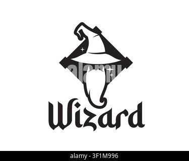 Old wizard or magician icon with hat and beard Stock Vector