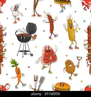 Cartoon groovy barbecue, BBQ seamless pattern Stock Vector