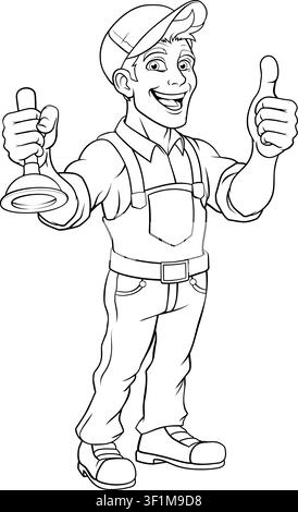 A plumber handyman plumbing construction cartoon mascot man holding a drain plunger tool. Stock Vector