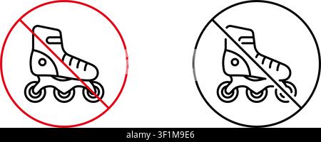 No Roller Skating Allowed Line Icon Set. Prohibition Of Rollerblading And Skating Activities Outline Symbol Collection. Safety And Regulation Signage Stock Vector