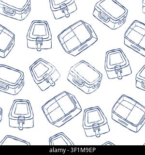 Steel Reusable Lunch Boxes for Meal Prep and Healthy Food Storage Seamless Pattern. Outline Blue Hand Drawn Doodle on White Background. Vector Square Stock Vector